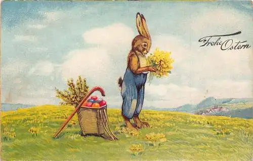 A061 Ostergrüße 1937 Humanisierter Hase Blumenstrauß farbige Eier Postkarte