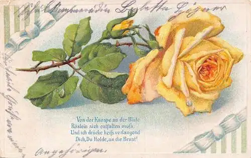 A060 Grüße 1916 Gelbe Rose Blumenbänder Gedicht geprägt Vintage Postkarte