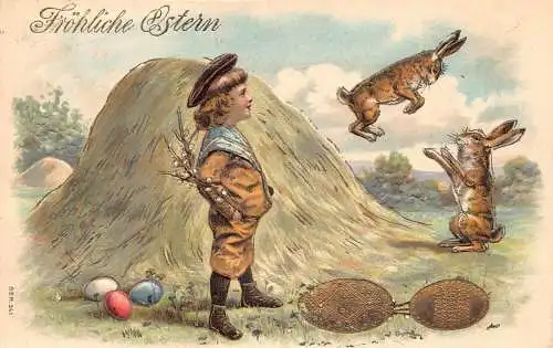 L175 Ostergrüße 1908 Junge Hasen Eier geprägte Postkarte