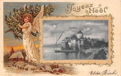 L174 Suisse Chillon 1901 Grüße Weihnachten Engel Baum Prägepostkarte