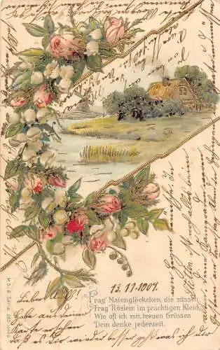 Grüße 1904 Rosenknospen und Maiglöckchenhaus geprägte Postkarte