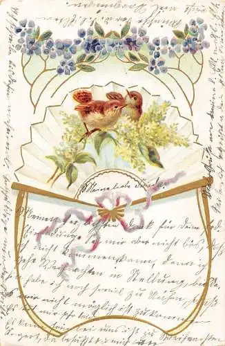 Frühling 1905 Vögel sitzen auf Blumenzweig Fächer geprägte Postkarte