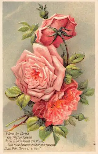 Grüße Rosen Blumen Gedicht geprägt Vintage Postkarte