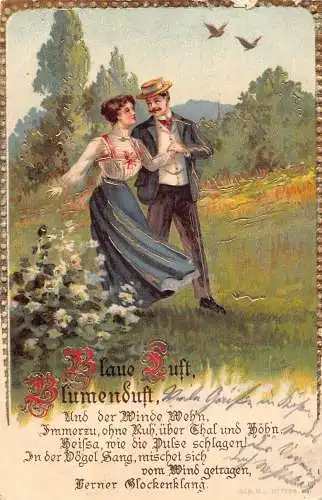 Paar zu Fuß in der Nähe von Waldblumen Vögel 1903 geprägte Postkarte