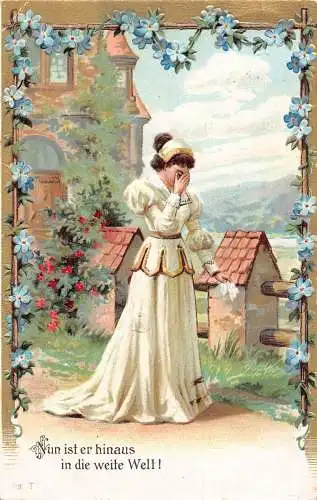 Herzschmerz 1909 Frau weint Taschentuch Vergissmeinnicht geprägte Postkarte