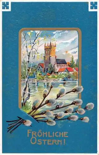 Ostergrüße Muschi Weide Passepartout Landschaft Turm geprägte Postkarte
