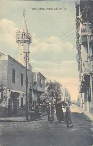 A084 Ägypten Suez Rue Souk el Mansi Straße Männer Trachtenwagen Postkarte