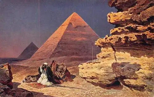 L280 Ägypten Gemälde signiert F Perlberg Pyramiden von Gizeh Beduinen Kamel Postkarte