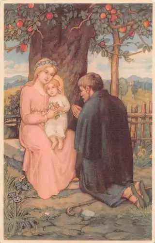 Mutter und Tochter unter Baum Papst betende Kunst Vintage Postkarte