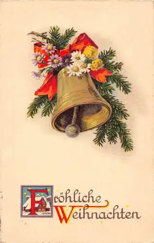 Weihnachtsgrüße 1932 Glocke verziert mit Gänseblümchen Blumen Band Postkarte