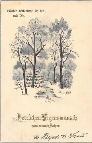 Neujahrsgrüße 1912 gezeichnete Bäume bedeckt mit Snow River Bridge Postkarte