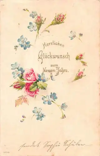 Neujahrsgrüße Rosen und Vergissmeinnicht Blumen geprägte Postkarte