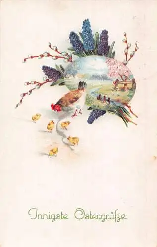 Ostergrüße 1913 Huhn Allegorische Landschaft geformte Eihyazinthe Postkarte