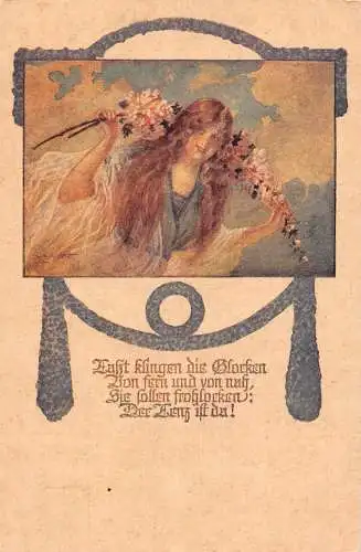 Gedicht Frau lächelt und hält Blütenzweige Bäume Passepartout Postkarte