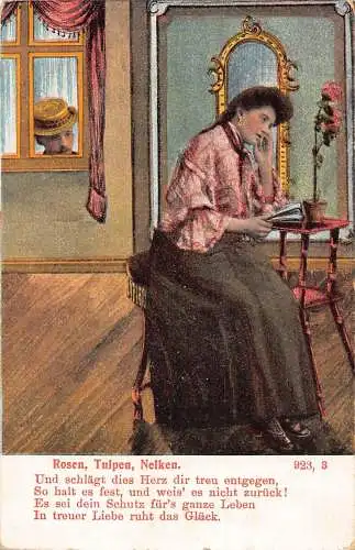Rosen, Tulpen, Nelken Mann beobachtet Frau vom Fenster Vintage Postkarte