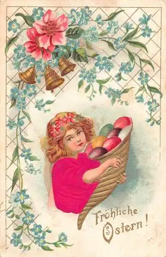 Ostergrüße 1904 Mädchen hält Horn Eier Glocken Vergissmeinnicht Postkarte