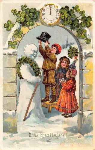 Neujahrsgrüße 1915 Schneemann Kinder Uhr Kleeblätter 1. Weltkrieg Feld Postkarte