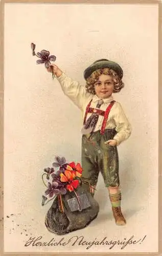 Neujahrsgrüße 1918 Junge Tracht Stiefmütterchen Blumen Tasche Postkarte