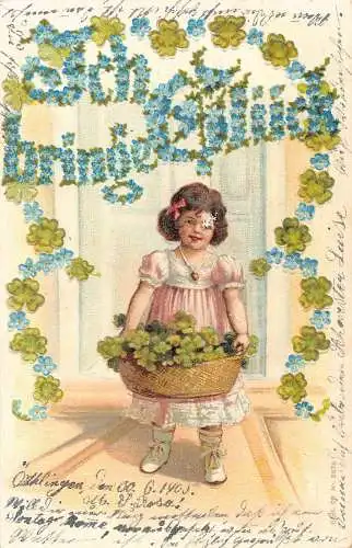Glücksgrüße 1905 Mädchen mit Korb mit Kleeblättern Vergissmeinnicht schreiben Postkarte