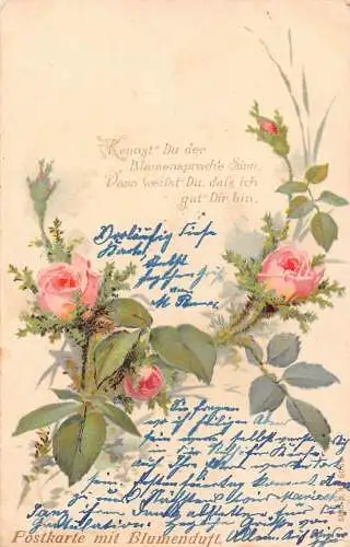 Gruß 1901 Zitat Rosen Blumen und Knospen Blumenduft Postkarte