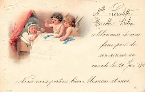 L224 Grüße 1908 Geburtstag Engel Cherubs geprägt Vintage Postkarte