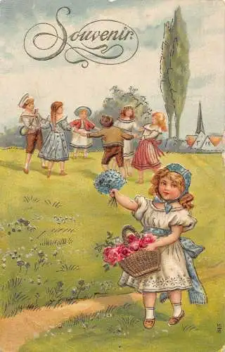 L224 Grüße Kinder tanzen Blumen geprägt Vintage Postkarte