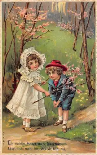 L224 Grüße 1909 Kinder Blumen Frühling geprägt Vintage Postkarte