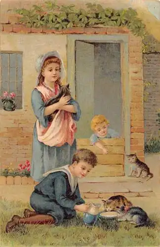 L224 Grüße 1906 Kinder Kätzchen Katzen Vintage Postkarte