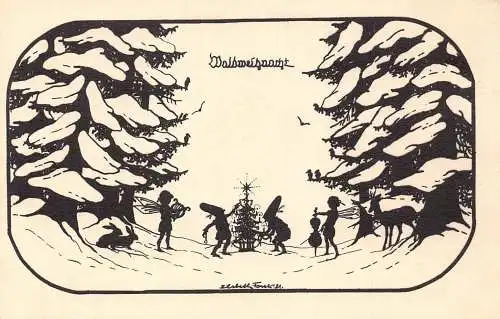 L363 Weihnachtsgrüße Silhouette Zwerge Fee Hase Weihnachtsbaum Postkarte