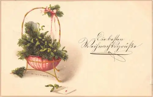 L363 Weihnachtsgrüße 1916 Korbbaum Mistelzweig Vintage Postkarte