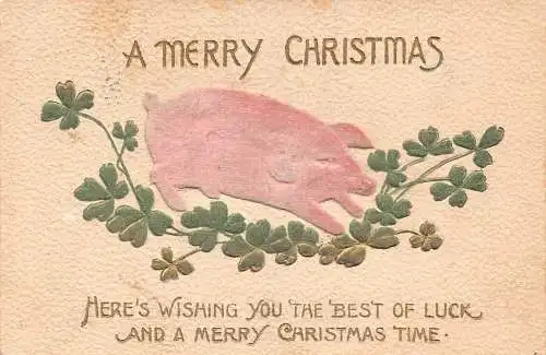 L363 Weihnachtsgrüße Samt Schwein Kleeblatt Glück geprägt Vintage Postkarte