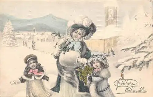 L363 Weihnachtsgrüße 1912 Dame mit Mädchen Mistel Schnee Vintage Postkarte