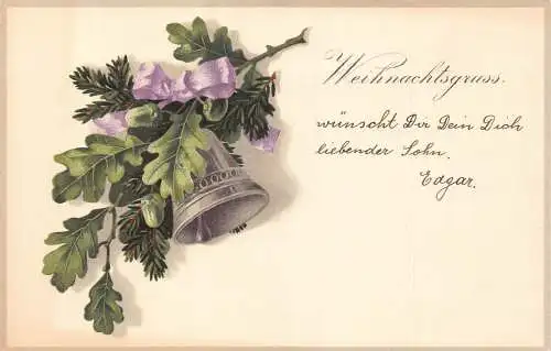 L363 Weihnachtsgrüße Glocke Baum Zweige Vintage Postkarte