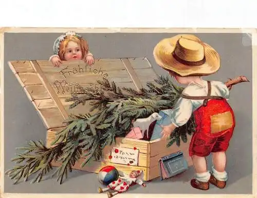 L363 Weihnachtsgrüße 1909 Kinder Spielzeug Weihnachtsbaum Vintage Postkarte