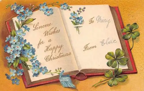 L363 Weihnachtsgrüße geprägte Blumen Buch Kleeblatt Vergissmeinnicht Postkarte