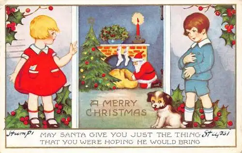 L363 Weihnachtsgrüße 1937 Kinder Weihnachtsmann Baum Vintage Postkarte
