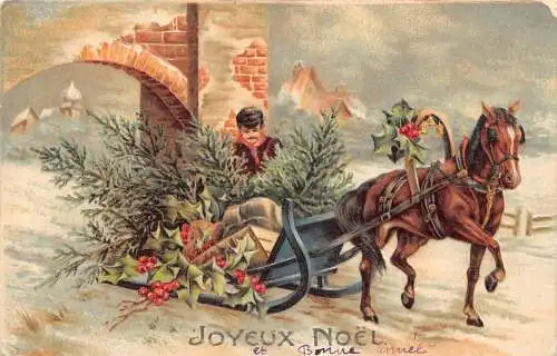 L363 Weihnachtsgrüße 1917 Pferdeschlitten Baum Geschenke Vintage Postkarte