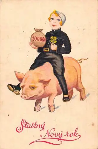 G008 Grüße Kind reitet auf einem Schwein Kleeblatt Geldsack Glück Postkarte