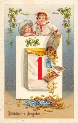 G008 Neujahrsgrüße 1915 Kinder Gold Geldbeutel Glück Prägepostkarte