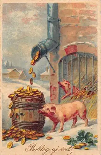 G008 Neujahrsgrüße Schweine Kleeblatt Gold Geld Glück Postkarte