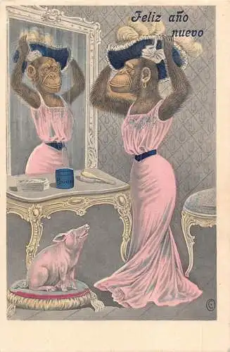 G008 Spanien Neujahr Humanisierte Dame Affe Schwein Glück Postkarte