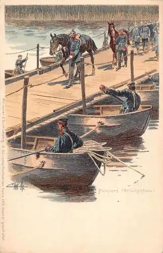 L057 Deutschland Pioniere Brückenbau signiert Litho Vintage Postkarte