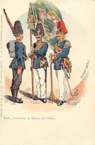 L057 Deutschland Sächsische Grenadiere in Paradeuniformen Flagge Litho Vintage Postkarte