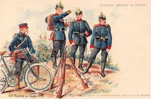 L055 Wehrmacht Sächsische Infanterie Fahrrad Gewehre Uniformen signiert Litho Postkarte