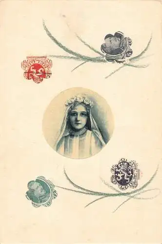 Mädchen Portrait und Collage von Belgien Briefmarke hergestellt Blumen Vintage Postkarte