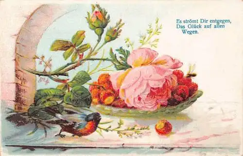 A096 Grüße 1908 Rose Erdbeerschale Vogel Fliege geprägt Vintage Postkarte