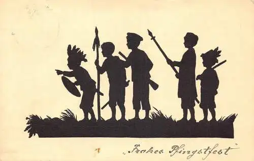 A096 Pfingstgruß Silhouette 1909 Kinder spielen Federn Speere Postkarte