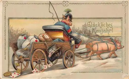 L371 Neujahrsgrüße 1914 Humanisiertes Schwein fährt Kutsche Geld Glück Postkarte