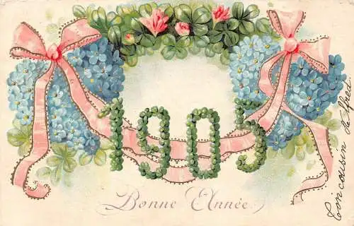 L371 Neujahrsgrüße 1905 Blumen große Zahlen Kleeblatt Glück Postkarte