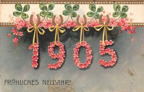 L371 Neujahrsgrüße 1905 Blumen große Zahlen Kleeblatt Hufeisen Glück Postkarte